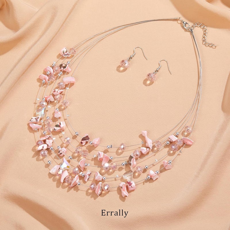 Errally Store Multi-Layer Boho Shell Beaded Necklace for Women Colorful Crystal Strand with Silver Beads Statement Collars Necklace and Earrings Costumes Jewelry Sets for Women - Image 2